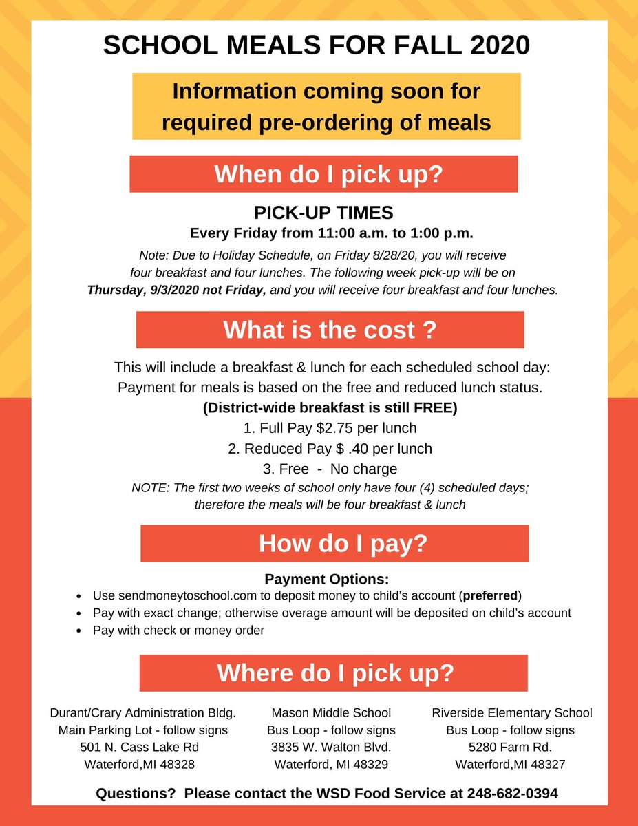 With this school year rapidly approaching, our Food Services department is diligently working to prepare for our students. Please see the flyer for information about the meal plan for this fall, and visit our website for more information:
wsdmi.org/2020