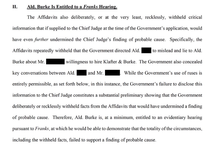 Ald. Burke's lawyers want a hearing, claiming crucial information was withheld from Chicago's chief federal judge when the feds applied for the wiretaps.