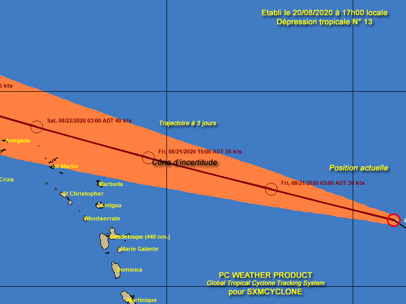 sxmcyclone's tweet photo. La dépression tropicale N° 13 est située à  990 km à l'Est/Sud Est des îles du Nord. Elle ne s'est pas renforcée lors des ces dernières heures. Les îles du Nord sont placée en vigilance météo JAUNE pour fortes pluies et orages, vents violents. https://t.co/jikctk2W2l