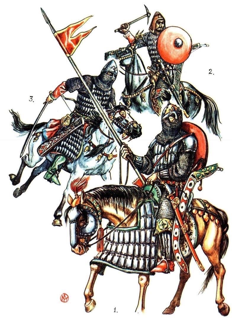 Ünlü Sovyet sanatbilimci, şarkiyatçı ve silah tarihçisi Doç. Dr. Mihail V. Gorelik'in (1946-2015) çizim ve rekonstrüksiyonuna göre Ortaçağ atlı savaşçıları:
1. bir Hazar atlı savaşçısı, VIII-IX.yy'lar
2. bir Alan atlı savaşçısı, X.yy
3. bir Macar ağır zırhlı süvarisi, IX-X.yy'lar