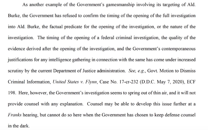 More on how Burke's lawyers say prosecutors won't explain how the Burke investigation began. "The Government's investigation seems to spring out of thin air."