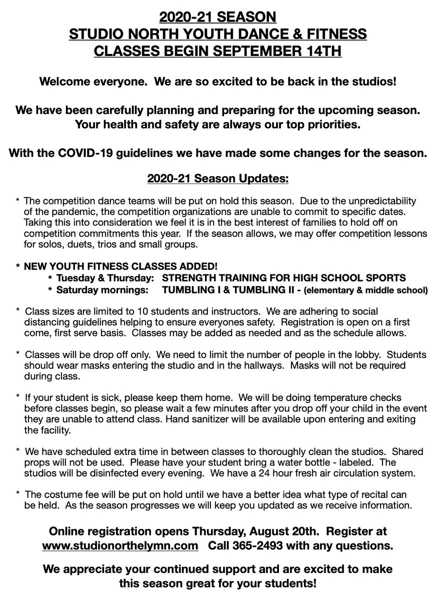 Youth dance &amp; fitness classes begin September 14th.  Online registration is open!  studionorthelymn.com