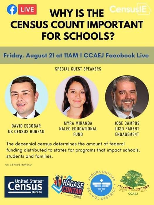Join us and JUSD's Director of Parent Involvement and Community Outreach for a Facebook Live Forum. Schools and Jurupa Valley need your Census 2020 support to make sure we all get counted!! (Friday, August 21 @ 11AM) #jusdshares  #jurupavalley  #jusd  #RCOE