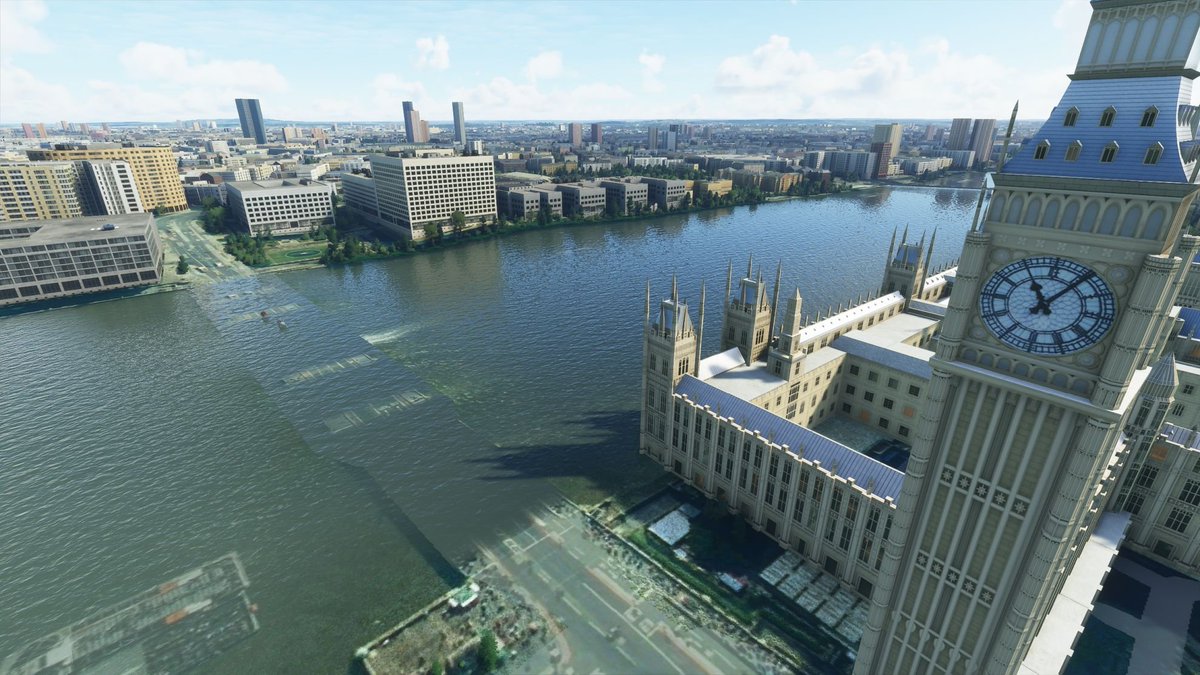 Nice Microsoft Flight Simulator glitch examples in this article by  @bucksexington My favorite is this pair where the bridges of London are underwater, but the good people of London just keep driving across them. https://www.rockpapershotgun.com/2020/08/19/microsoft-flight-simulators-terrain-glitches-are-excellent-places-to-visit/amp/?__twitter_impression=true