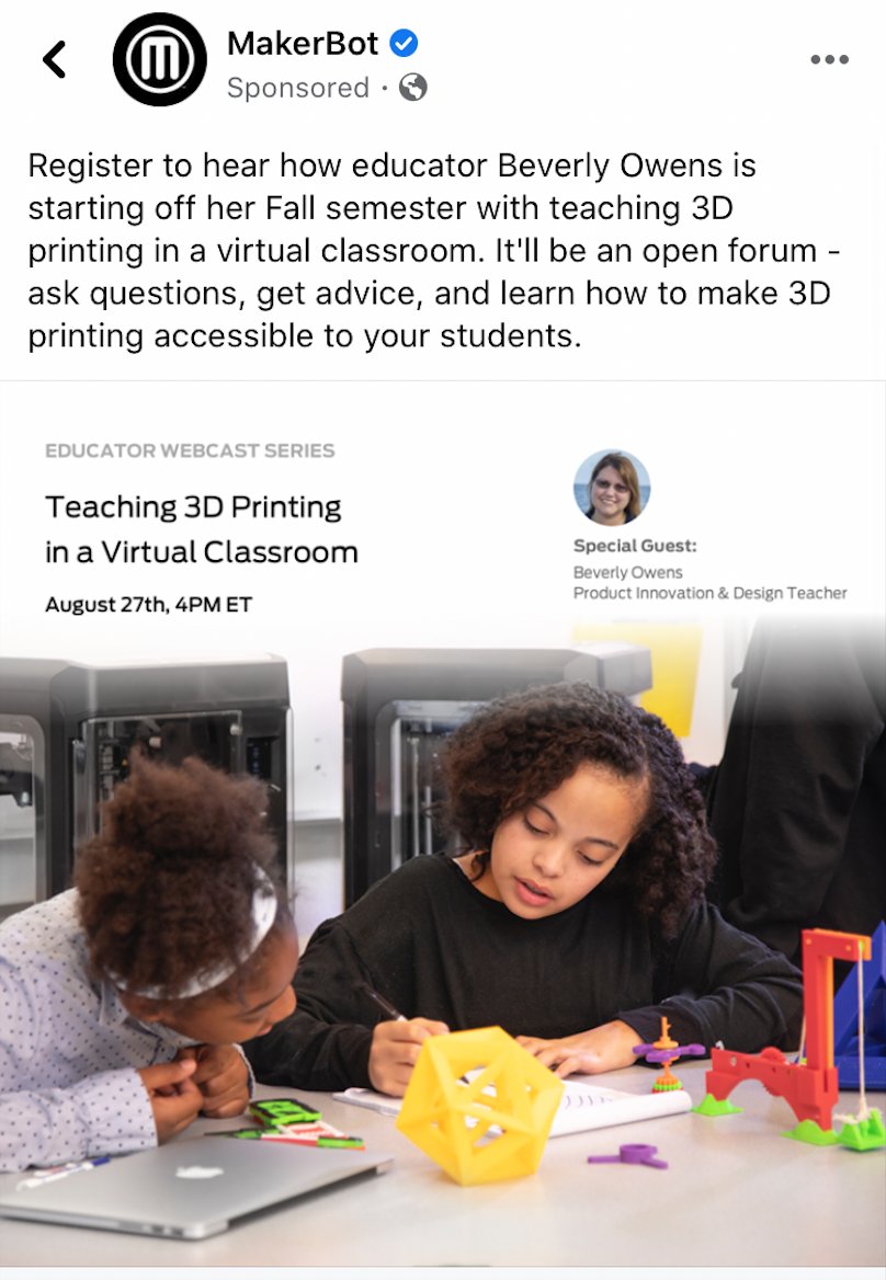 owensscience's tweet photo. Want to learn more about 3D printing? Or printing during remote instruction? Join @makerbot &amp;myself for "Teaching 3D Printing in a Virtual Classroom" August 27 at 4 pm. 
https://t.co/3hhPNH03EH
@amays_bwfund @CECHighSchool @CleveCoSchools @NCSTA @NCScienceLeader @BWFUND #bwfcasmt https://t.co/yh70DBIsh9