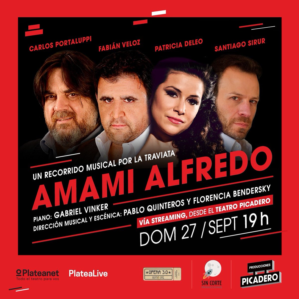 TeatroPicadero's tweet photo. El 27/8 te invitamos a un recorrido musical por la ópera La Traviata, de Giusepe Verdi, presentado por Opera3.0 @carportaluppi 
@FabianVeloz3
@PatriciaDeleo_
@SantiagoSirur
#GabrielVinker
#PabloQuinteros
@florbendersky 
.
.
Conseguí tus pases ingresando en https://t.co/NEhAc4ZRDl https://t.co/8cMKDyC7Ky