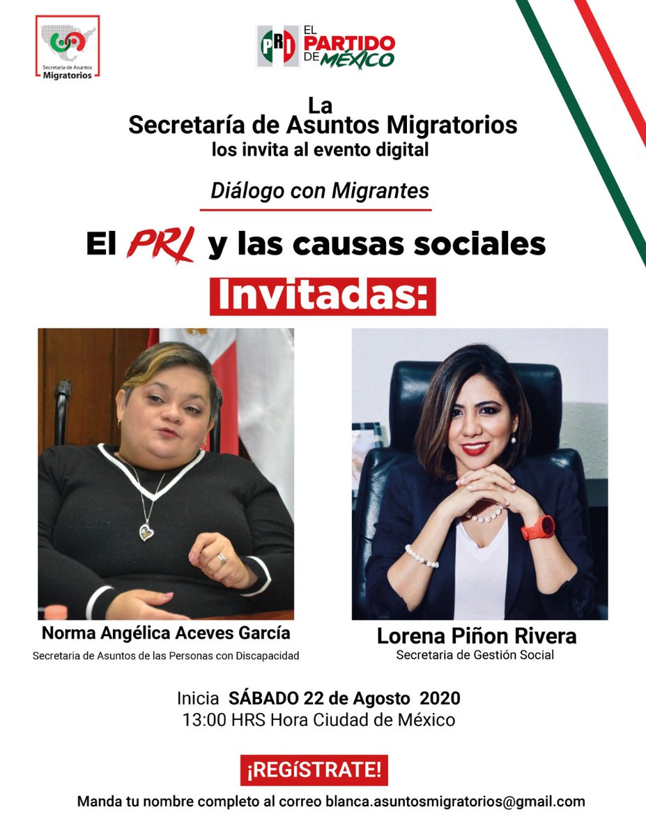 PRI_Nacional's tweet photo. La Secretaría @DeMigratorios te invita este sábado 22 de agosto a las 13:00 horas al foro: El PRI y las causas sociales. Regístrate enviando tu nombre completo al correo: blanca.asuntosmigratorios@gmail.com. ¡No te lo pierdas! https://t.co/Gw6bMiuo12
