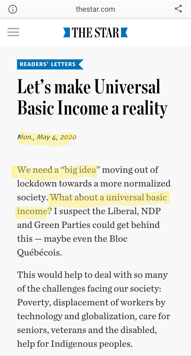 2) We've heard a lot of talk about a Universal Basic Income from the Canadian media and political figures in recent months. Here are some examples going back to April, right around the time CERB was being rolled out.
