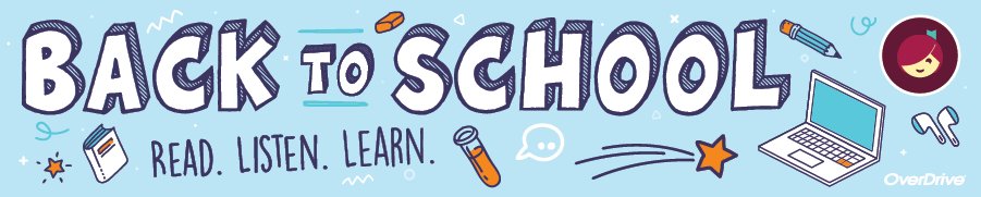 a banner with a cartoon illustration of a pencil, laptop, earbuds and a book