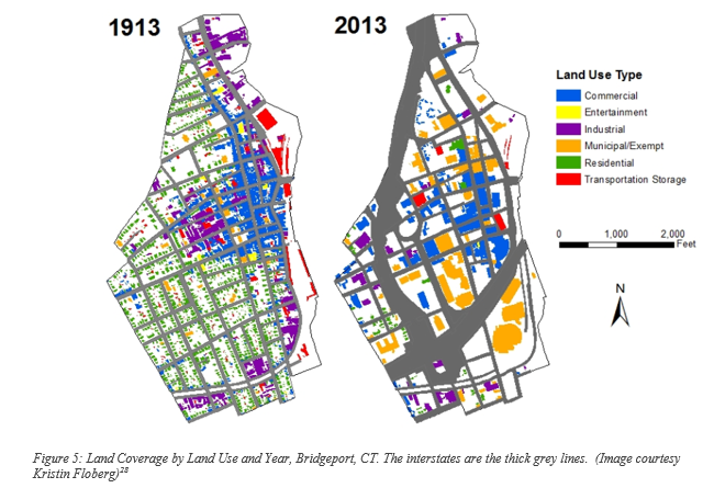Car_Free_USA's tweet photo. Interesting maps I found while researching for my book. Bridgeport, CT: Urban interstates and superblocks decimated downtown. A once dense, productive neighborhood was divided into several struggling districts that have yet to recover. https://t.co/WeOtvU6n2J