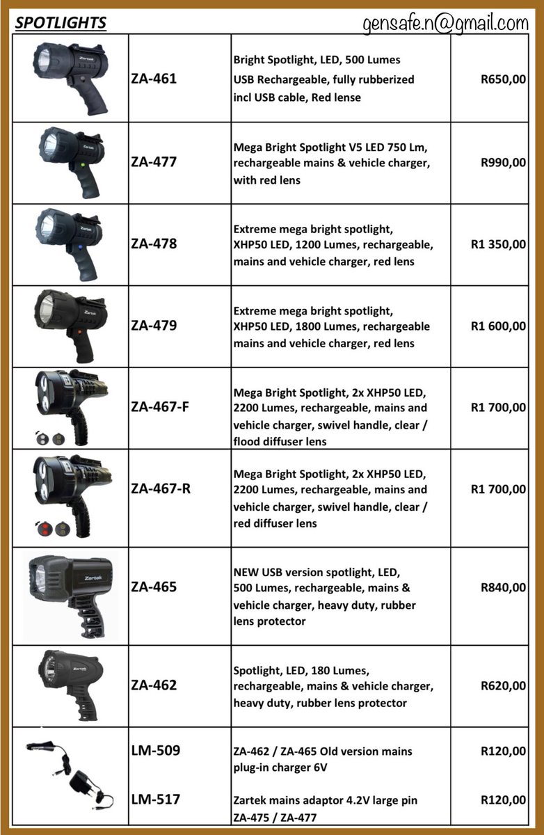 firevent's tweet image. #Spotlights #flashlights #zartek Products availabe from Gensafe Supplies. 
Courier Nationwide