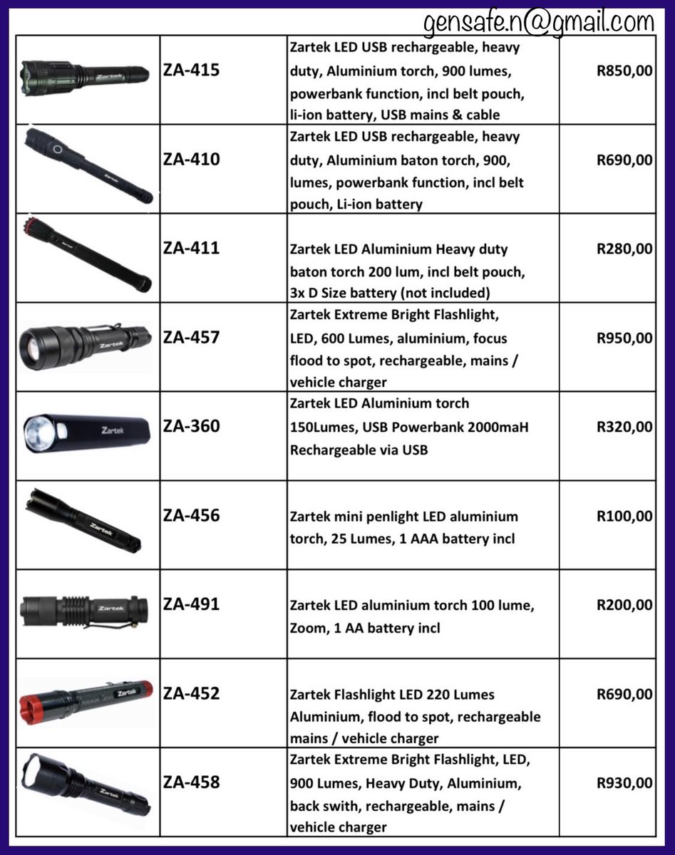 firevent's tweet image. #Spotlights #flashlights #zartek Products availabe from Gensafe Supplies. 
Courier Nationwide