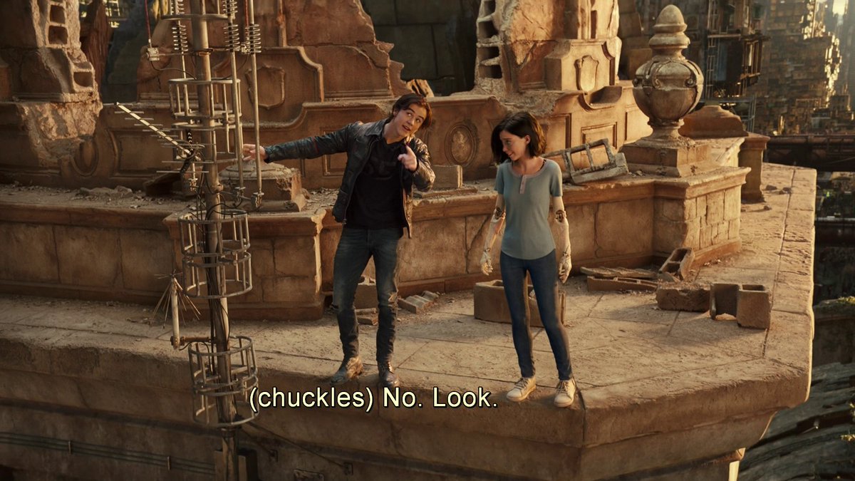 the other (smaller) reason that Hugo's subplot works for me is how well it sells the idea of him imposing his aspirations and understanding of the world on Alita, who he knows comes from Zalem, even though she has no reason to share his belief in its majesty