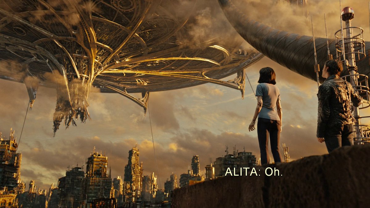 the other (smaller) reason that Hugo's subplot works for me is how well it sells the idea of him imposing his aspirations and understanding of the world on Alita, who he knows comes from Zalem, even though she has no reason to share his belief in its majesty