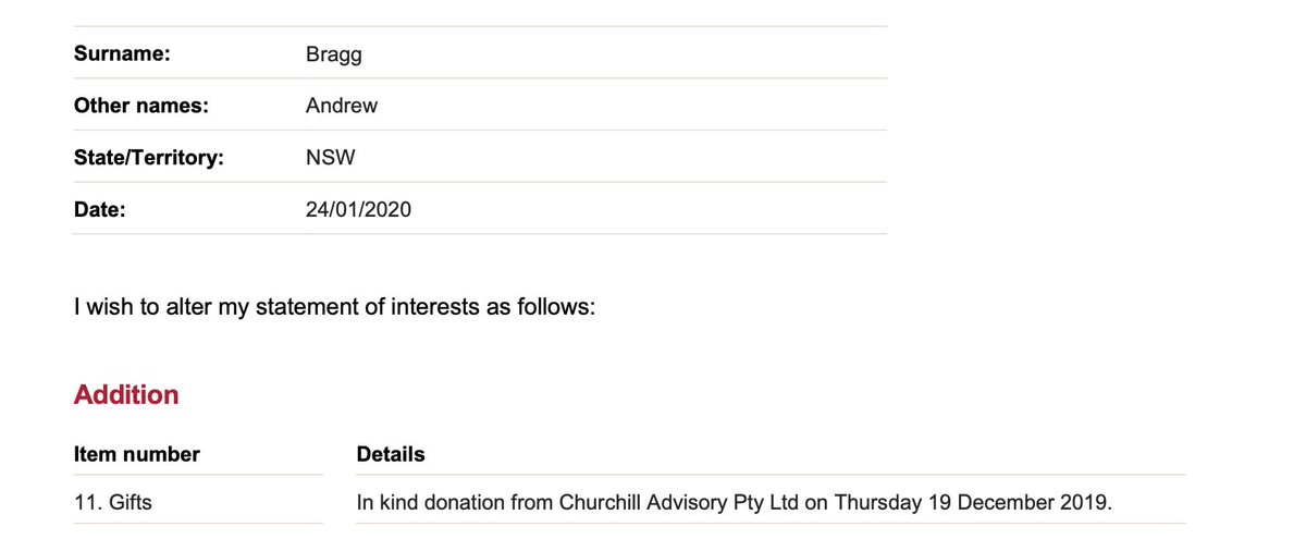 Hey Senator Bragg, I've noticed you've recently got a few gifts/donations from Churchill Advisory Pty Ltd - a registered lobbyist at Fed govt/NSW govt levels.What's the go?