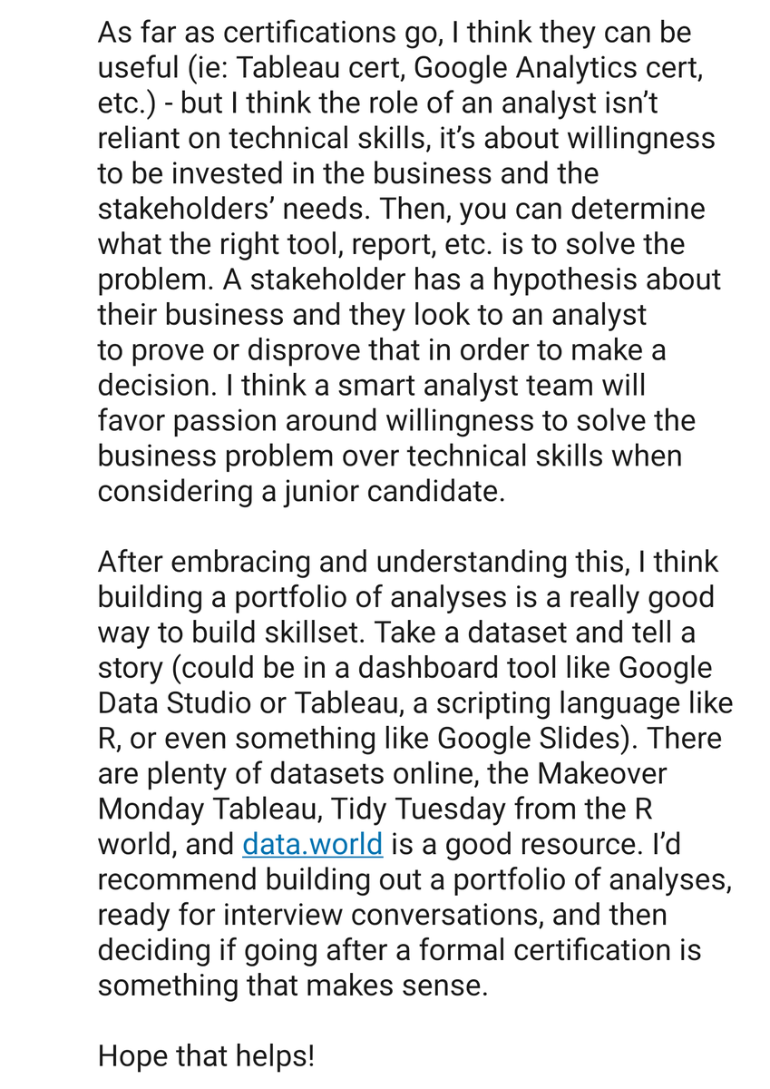 benkates's tweet photo. Had a #recentgrad reach out and ask how necessary certifications are for getting that first analyst job. I said understanding of the analyst role + portfolio > certifications, what do you think?

#data #rstats #Tableau #GoogleAnalytics https://t.co/wpeo1lgWJk