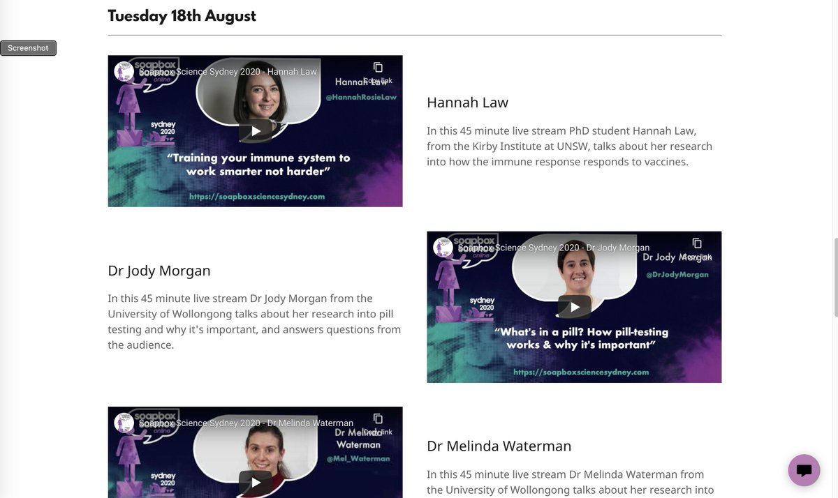Recordings for our first 6 speakers are now on our website soapboxsciencesydney.com for you to enjoy &amp; share widely 👀🥳

<a href="/laraJ_glass/">Lara Glass</a>, <a href="/nishaduggan/">Nisha Duggan</a>, @postmortemgirl, <a href="/hannahrosielaw/">Hannah Law</a>, <a href="/DrJodyMorgan/">Dr Jody Moller (Morgan)</a>, <a href="/mel_waterman/">Dr Melinda Waterman</a> 
<a href="/Aus_ScienceWeek/">NationalScienceWeek</a> <a href="/soapboxscience/">Soapbox Science</a> #SydneyScienceTrail #SoapboxSydney