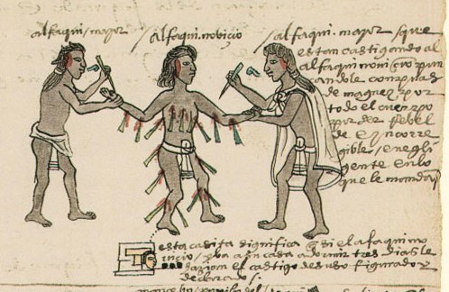 Here's a famous illustration of tlamacazque "givers of offerings" bloodletting in the Codex Mendoza (1540s) folio 62r.A thread on what goes unnoticed 1/