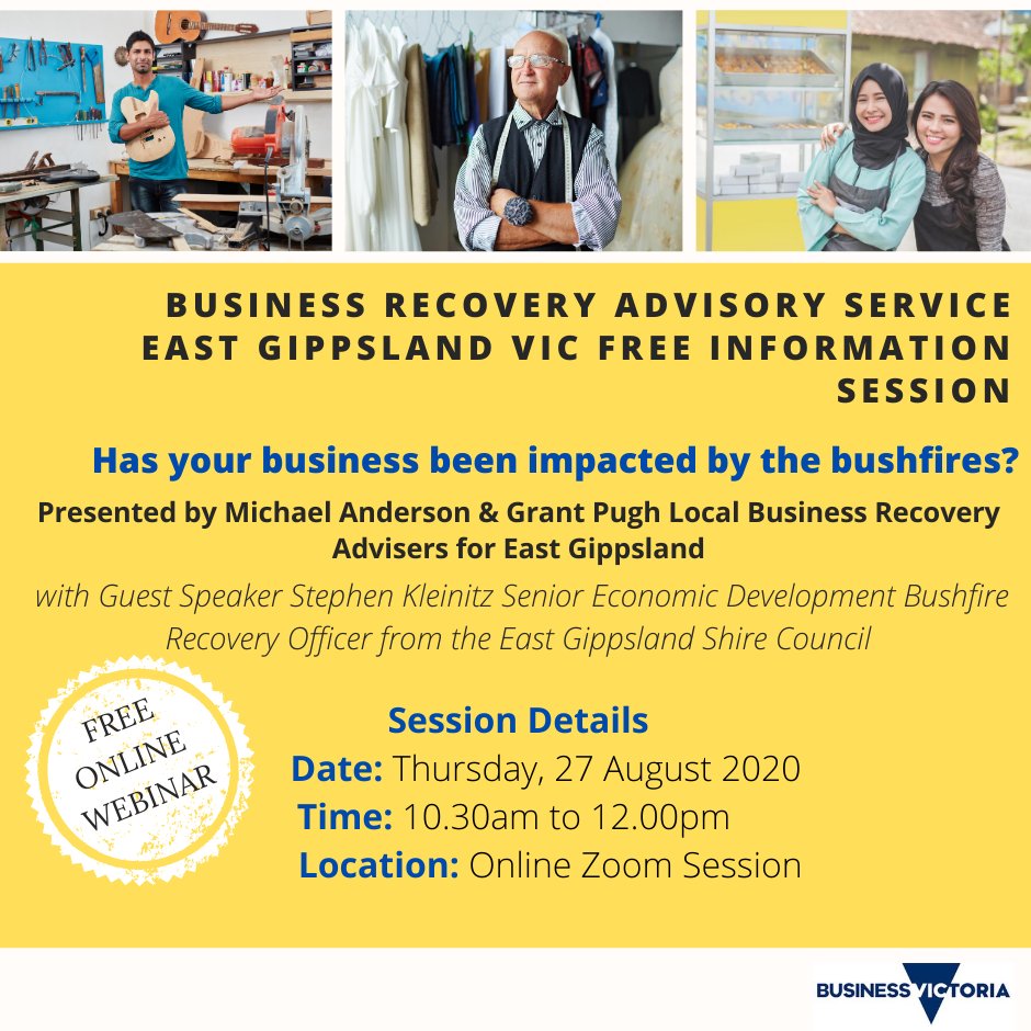 The Business Recovery Advisory Service is free to any business owner/operator in East Gippsland that was impacted by the 2019-20 bushfires.

Learn how our Business Recovery Advisers can help position you in the long term.

Register here: eventbrite.com.au/e/117218548835