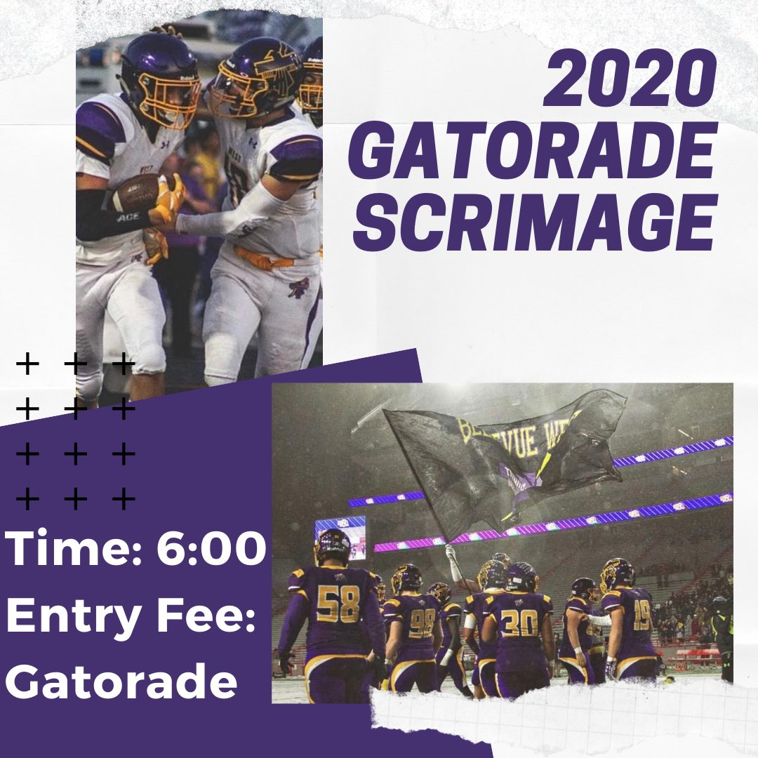 BellevueWestFB's tweet photo. The defending State Champions are back on the field tomorrow at 6:00 for our annual Gatorade Scrimmage!! Your ticket.... bring Gatorade to the front gate. Donations are accepted if you want to just drop it off #PlaymakersInPurple https://t.co/uo02yoM9Rp