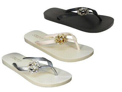 Womens ladies diamante flat summer sandals flip flops beach jelly sandals 3-8 