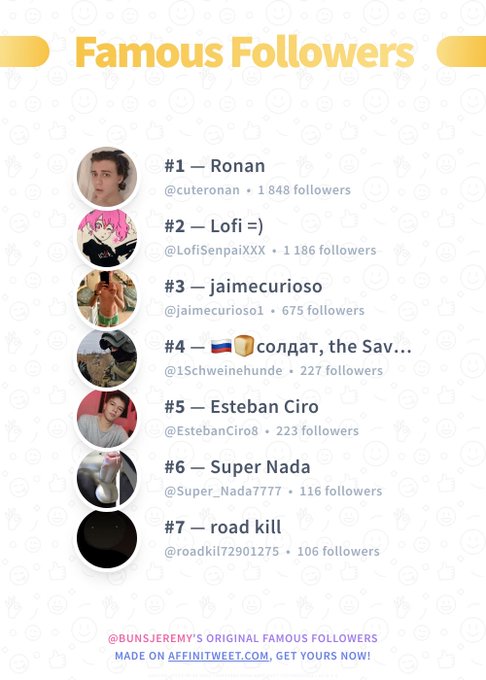 #Affinitweet Famous Followers
? cuteronan
? LofiSenpaiXXX
? jaimecurioso1
? 1Schweinehunde
? EstebanCiro8