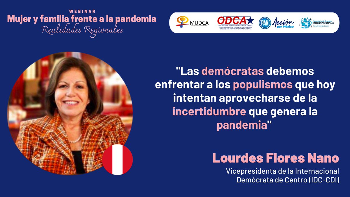 🟣🌐 @LourdesFloresN, Vicepresidenta de la @idc_cdi, participa en el webinar "Mujer y familia frente a la pandemia", organizado por @AccionNacional y @ODCA.
🔴 Síguelo #EnVivo: https://t.co/6A37gVTKV0
#WomenInPolitics 🚺 https://t.co/xGUWAhONBh