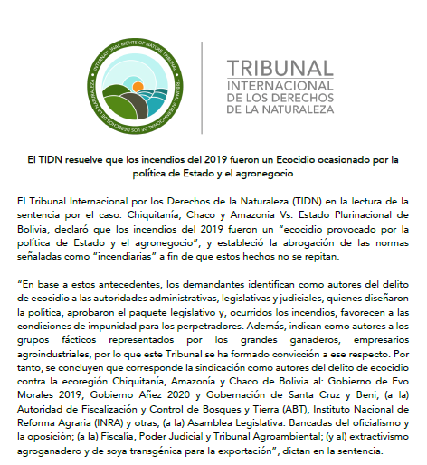 CCyJusticiaBoli's tweet photo. El Tribunal Internacional por los Derechos de la Naturaleza #TIDN resuelve que los #incendios 2019 fueron un #ecocidio ocasionado por la política de Estado y el #agronegocio:
https://t.co/YFBzCW1aWV
#SOSChiquitanía #TribunalChiquitaníaDDN #AbrogacionPaqueteIncendiarioYA #Bolivia https://t.co/IWe1zxg8IO