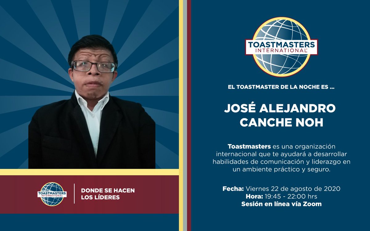 ClubMarcoTulio's tweet photo. Asiste a nuestra sesión virtual #390 del Marco Tulio Cicerón.
🗓 Viernes 21 de Agosto de 2020.
⏰ 19:45-22:00 horas.
💻 Sesión vía Zoom. ID 278096714
En esta ocasión tendremos el Taller: Concursa con Emoción sin descuidar la preparación, imparte Juan Ernesto García Piña Garay DTM https://t.co/AEstmLR0yu