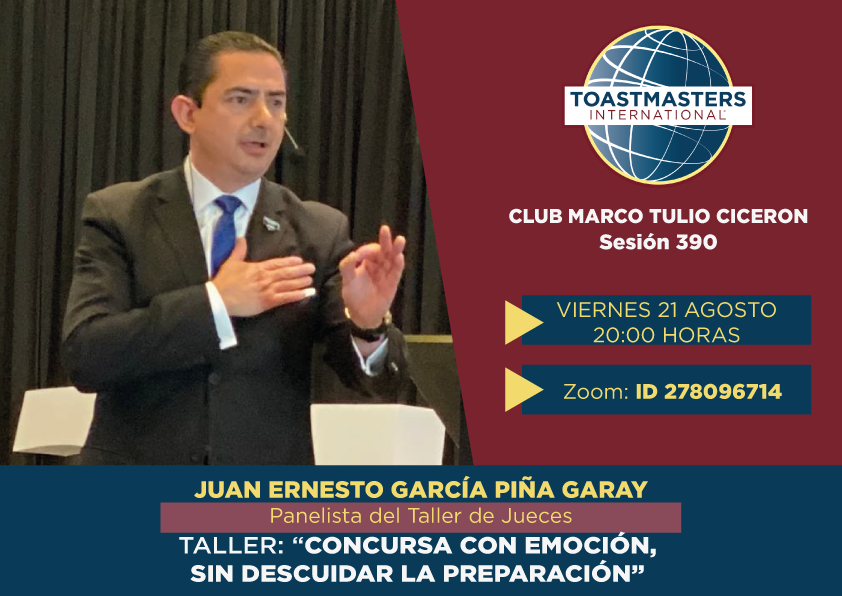 ClubMarcoTulio's tweet photo. Asiste a nuestra sesión virtual #390 del Marco Tulio Cicerón.
🗓 Viernes 21 de Agosto de 2020.
⏰ 19:45-22:00 horas.
💻 Sesión vía Zoom. ID 278096714
En esta ocasión tendremos el Taller: Concursa con Emoción sin descuidar la preparación, imparte Juan Ernesto García Piña Garay DTM https://t.co/AEstmLR0yu