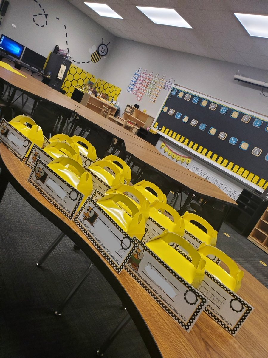 TeacherBishop's tweet photo. Inspired by @FabFitFun I created Bee Boxes 🐝📦 for my NEW student's learning at home! #Kindergarten #HomeNameTag #LogInCheatSheet #IHaveAQuestionPopsicleStick #Goodies #Bees @JELLO #WhatShouldDannyDo #BishopBucks (For parents to use to motivate student) Delivered Today! @katyisd https://t.co/A24qCjaylF