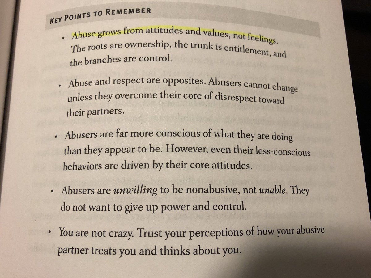 Ch. 3 ends with takeaway points including: “abuse grows from attitudes and values NOT FEELINGS.” (which is why therapy isn’t effective with abusers)