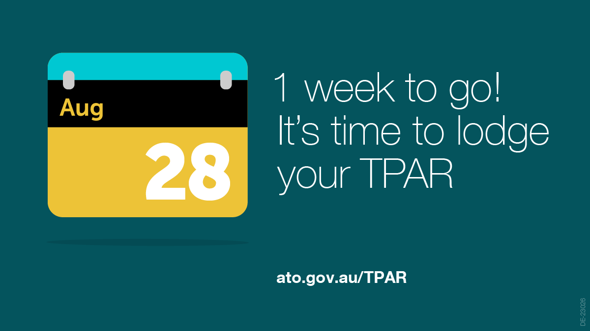 ato_gov_au's tweet photo. ⏰#Ausbiz: Taxable payments annual reports are due 28 August. If you need to lodge, most of the info you'll need should already be on hand from your monthly or quarterly reporting! Find out how to lodge on time & meet the deadline - visit https://t.co/7D94fSYTdJ #TPAR https://t.co/StTvXizWxy