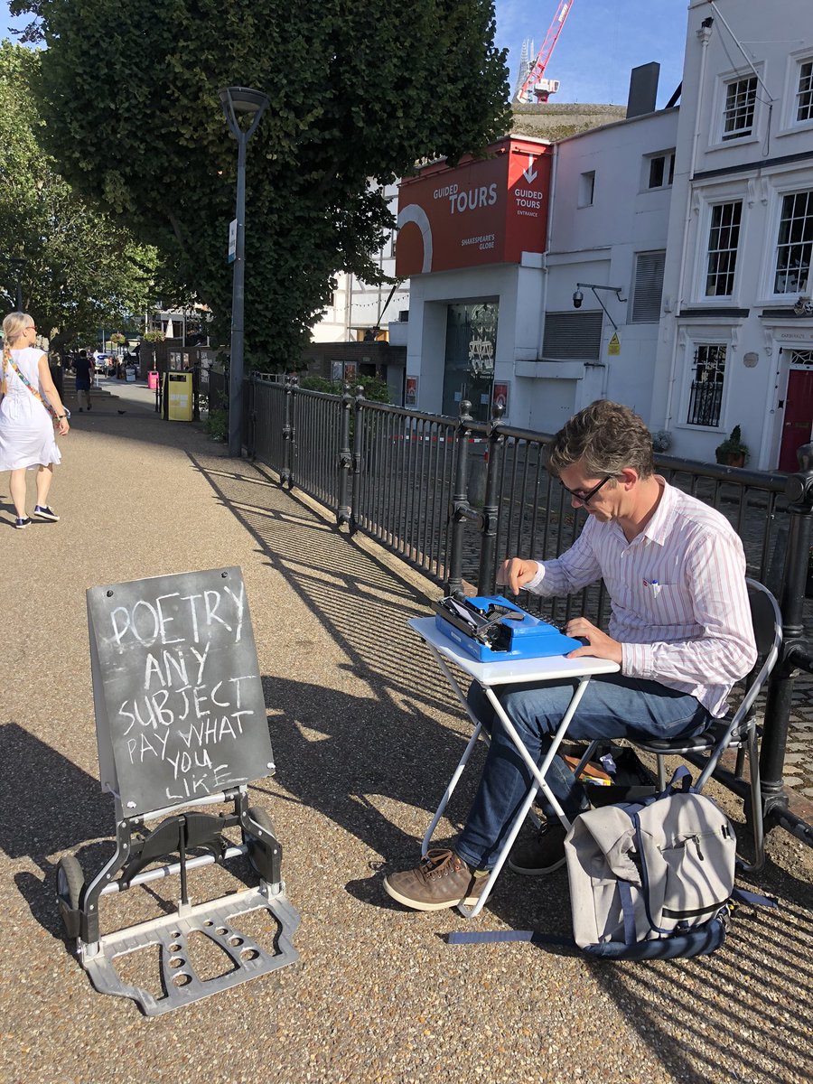 ellafunnelldale's tweet photo. (1) yesterday afternoon, i was wandering along the southbank in the sunshine and stumbled across this man- a poet who‘d taken to the streets in these hard times to share his talent and art. i asked him to write me a short poem about the theatre industry at this current time (tbc) https://t.co/k6R1LMOikQ