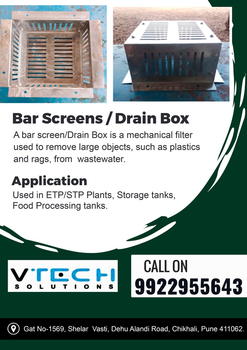 SolutionsVtech's tweet image. Bar Screen / Drain Box is a VTech Product.

For free Enquiry Call Us on 9922955643
info@vtechsolutionsindia.com
vtechsolutionsindia.com
Address:- Gat No-1569, Shelar Vasti, Dehu Alandi Road, Chikhali, Pune 411062.

#VtechSolutions #Pune #BarScreen #DrainBox