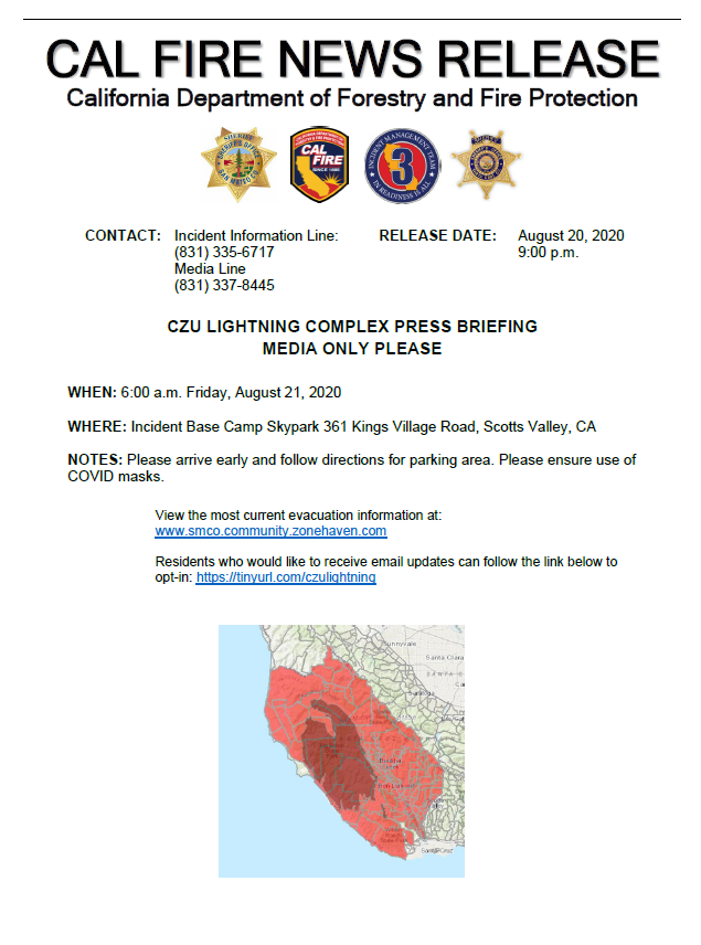 CALFIRECZU's tweet photo. CZU will hold a press conference at 6:00am Friday. Media only please. https://t.co/9D8yg7Uhrp