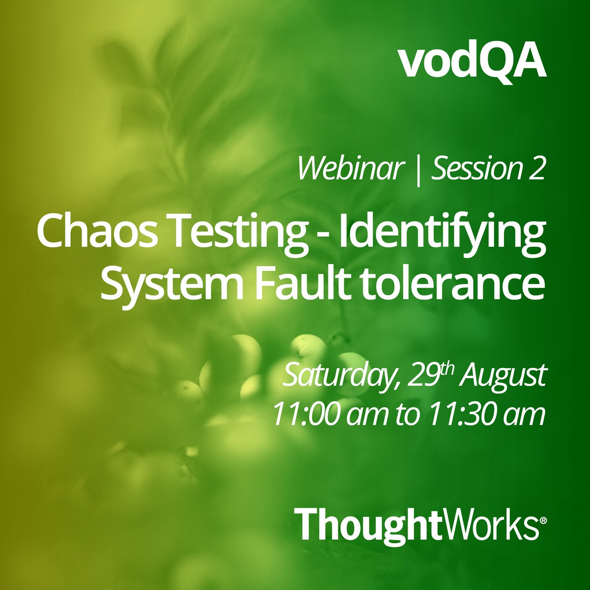 thoughtworksIN's tweet photo. Join us for a #webinar edition of #vodQA on the 29th August and 5th September and explore topics ranging from #UIAutomation Testing to #PerformanceTesting.
Register now: https://t.co/1Bdr2JGAtK
#QA #QualityAnalysts #ThoughtWorksIndia #testing https://t.co/UiitChk9qK