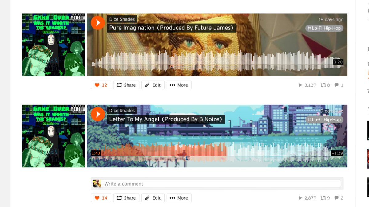 thediceshades's tweet photo. Updated the banner art for 2 of my tracks. @DiceShades252 @SoundCloud #SoundCloud #music #updatedmusic #ProducerLife https://t.co/eGnRas3Mbe
