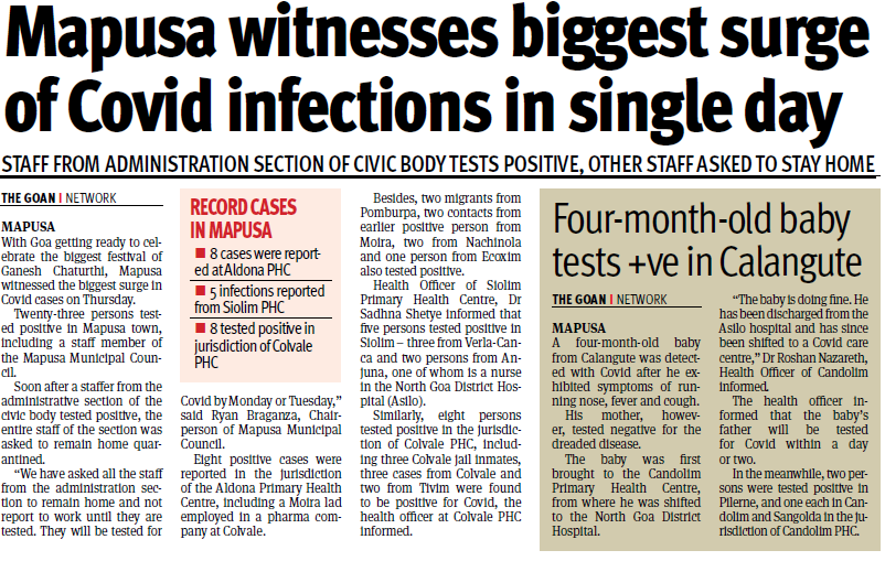 thegoanonline's tweet photo. Mapusa witnesses biggest surge of Covid infections in single day
#CovidInGoa #CovidRise #Health #MapusaGoa
@goacm @visrane @DHS_Goa #Goa https://t.co/lyJKXJyhIZ