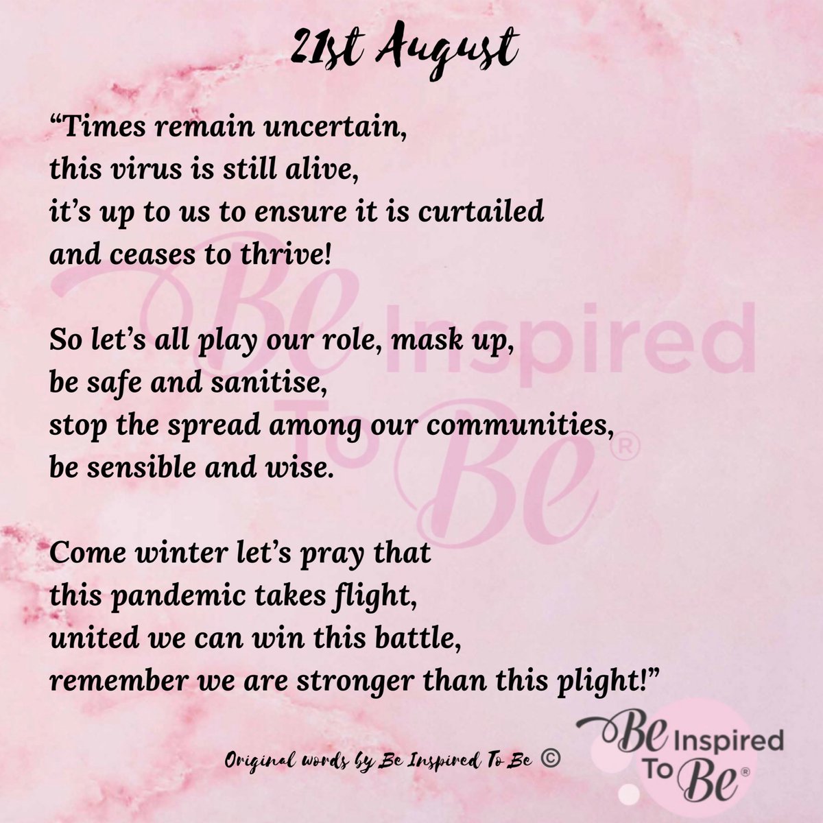 21st August
.
I felt I needed to write about our global pandemic today. We all have our part to play to curtail the spread.
.
United we can win this battle against this virus, but we need to do the right thing, to protect ourselves and others.

#COVID19 #StaySafe #Letsbeatthis