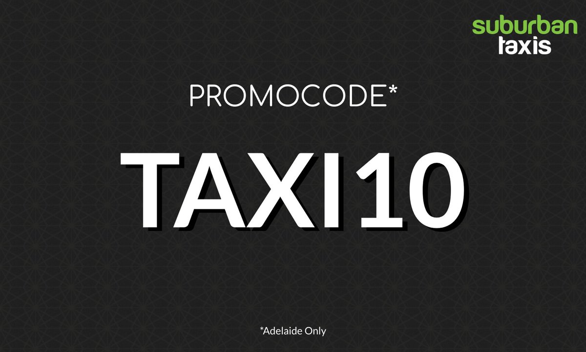 SuburbantaxisSA's tweet photo. Get $10 off on your ride with fixed fare.
Use #promocode TAXI10
Valid until 23rd Aug 2020 11:59 PM
Valid on online bookings at https://t.co/dnB0B43h5e only
*T&amp;C apply
#SuburbanTaxisAdelaide #sanitisedcabs https://t.co/SURV9Z4wwL