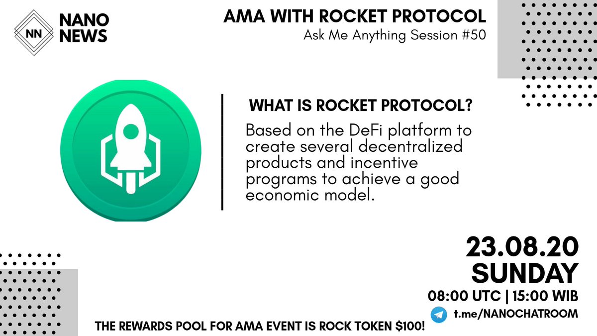 NanoNewsID's tweet photo. NanoNews will hold an AMA with Rocket Protocol on the August 23 08:00 AM UTC | 15:00 WIB in the https://t.co/6o4hWqH4RX

Reward $100

Rules:
1. Detail https://t.co/8ok1u80JCH
2. Follow Twitter @NanoNewsID &amp; @RocketProtocol
3. Like Retweet Comment Question &amp; Tag all Friend

#AMA50 https://t.co/o581b3izHX