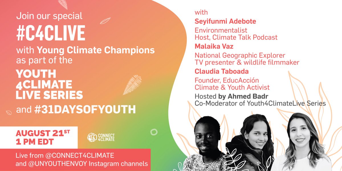 ReservaYLT's tweet photo. Be sure to catch this special #C4CLive with @ReservaYLT Youth Council member Malaika Vaz at 1pm EDT / 6pm BST on @Connect4Climate and @UNYouthEnvoy IG channels!
#31daysofyouth https://t.co/ihfMpxdm4s