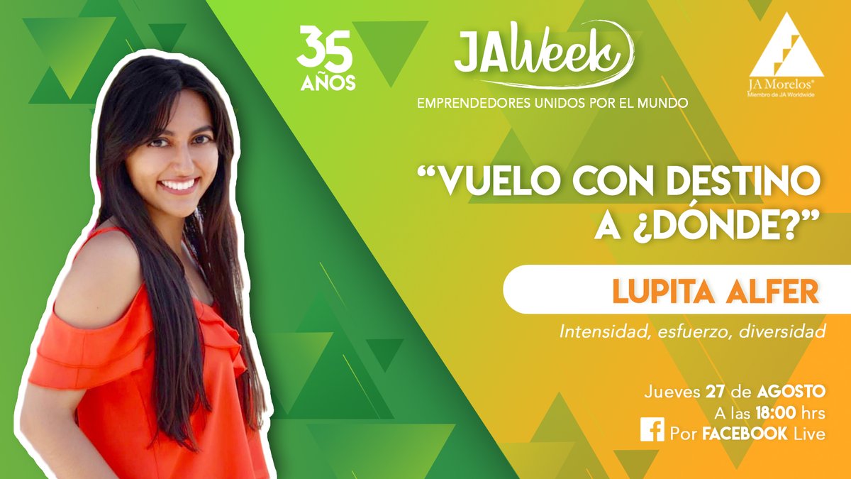 JA_Morelos's tweet photo. Lupita es parte de los 35 Emprendedores invitados a la #JAweek para celebrar nuestro 35 aniversario, no te pierdas "Vuelo con destino a ¿Dónde?" este jueves 27 a las 18:00 hrs https://t.co/FydnvWWA2m
