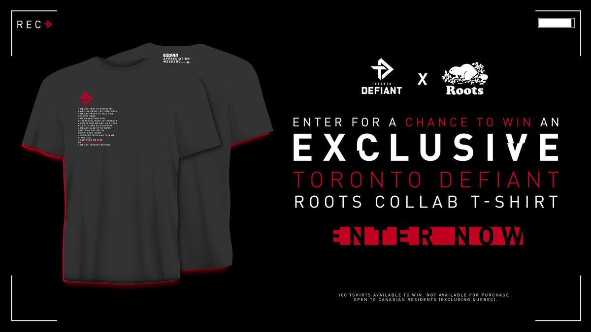 TorontoDefiant's tweet photo. We're exited to be bringing @ROOTS in for the #TDFanAppreciationWeekend! 🖤
 
Enter for a chance to win 1 of 100 EXCLUSIVE Defiant #Roots collab tees! https://t.co/SQ28Z0ehzm
 
#RiseTogether https://t.co/PliRWjdf1d