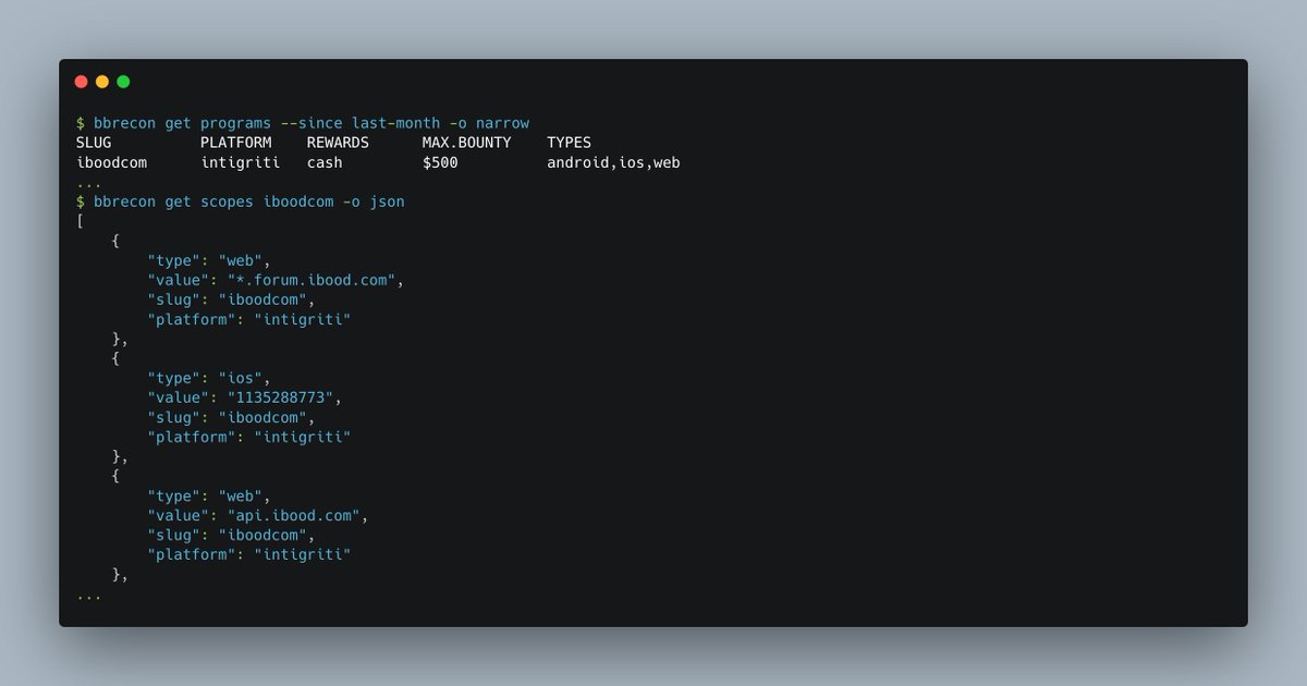 Instant subdomain recon is coming this weekend for the bbrecon API 🤗

In the mean time you can get all your #BugBounty program scopes directly from the CLI, in JSON, like a hacker should.

#bugbountytips 

github.com/serain/bbrecon