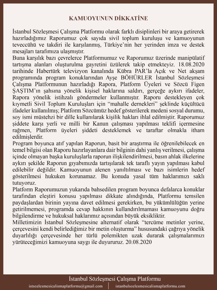 IstanbulSCP's tweet photo. Platformumuz tarafından Kamuoyuna aşağıdaki Açıklamayı yapmak zaruret olmuştur.
@Haberturk -Kübra Par
@aysebohurler https://t.co/TSyJ2AtmBR