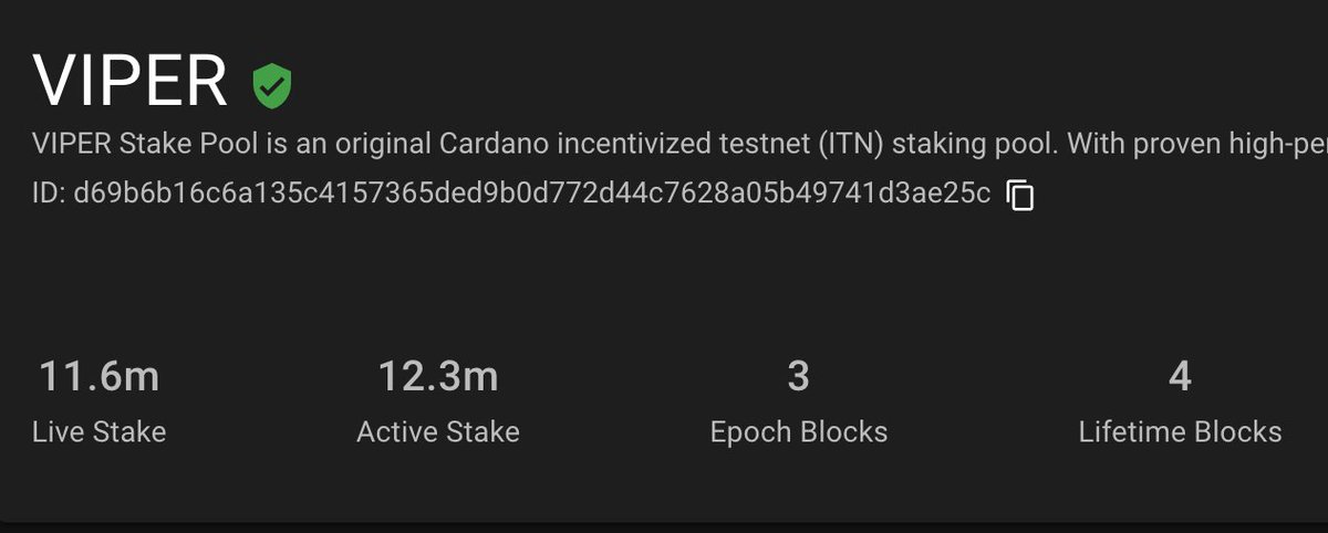 viperstakepool's tweet photo. 3 blocks already this epoch! Thanks to all our delegators! If you are looking for an ADA stake pool come join us! we have lots of room to grow. #Cardano #stakepool #ADA #crypto #staking #makingblocks https://t.co/NJ3prXjS7N