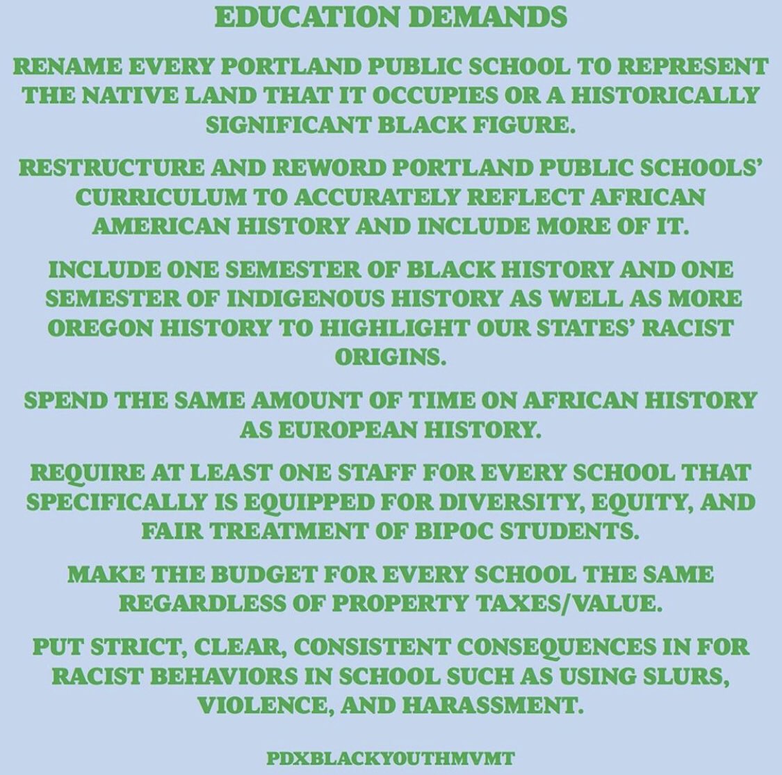 On Aug. 7, PDXBYM released these four specific sets of demands, encompassing policing and jail; healthcare; housing and property; and education. Their demands are as follows: