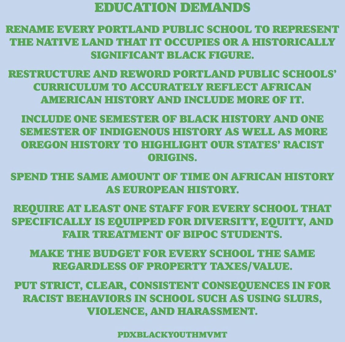 On Aug. 7, PDXBYM released these four specific sets of demands, encompassing policing and jail; healthcare; housing and property; and education. Their demands are as follows: